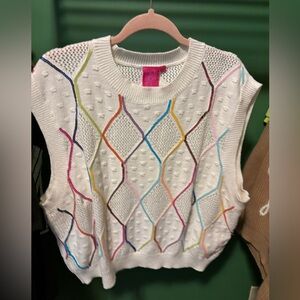 Queen of Sparkles cream sweater vest / tank top with rainbow sequins size L